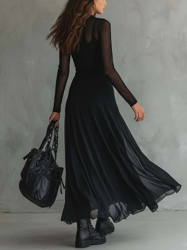 Emma™ | Schwarzes Maxikleid mit transparenten Ärmeln