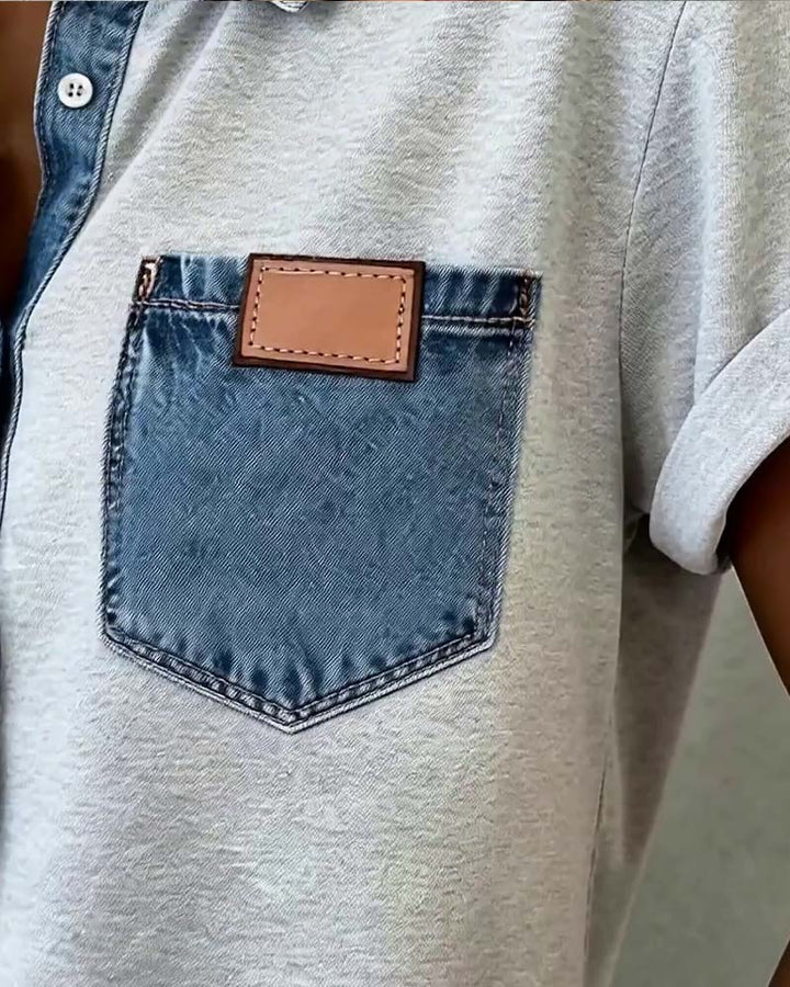 Denim Patchwork T-Shirt mit Aufschlägen