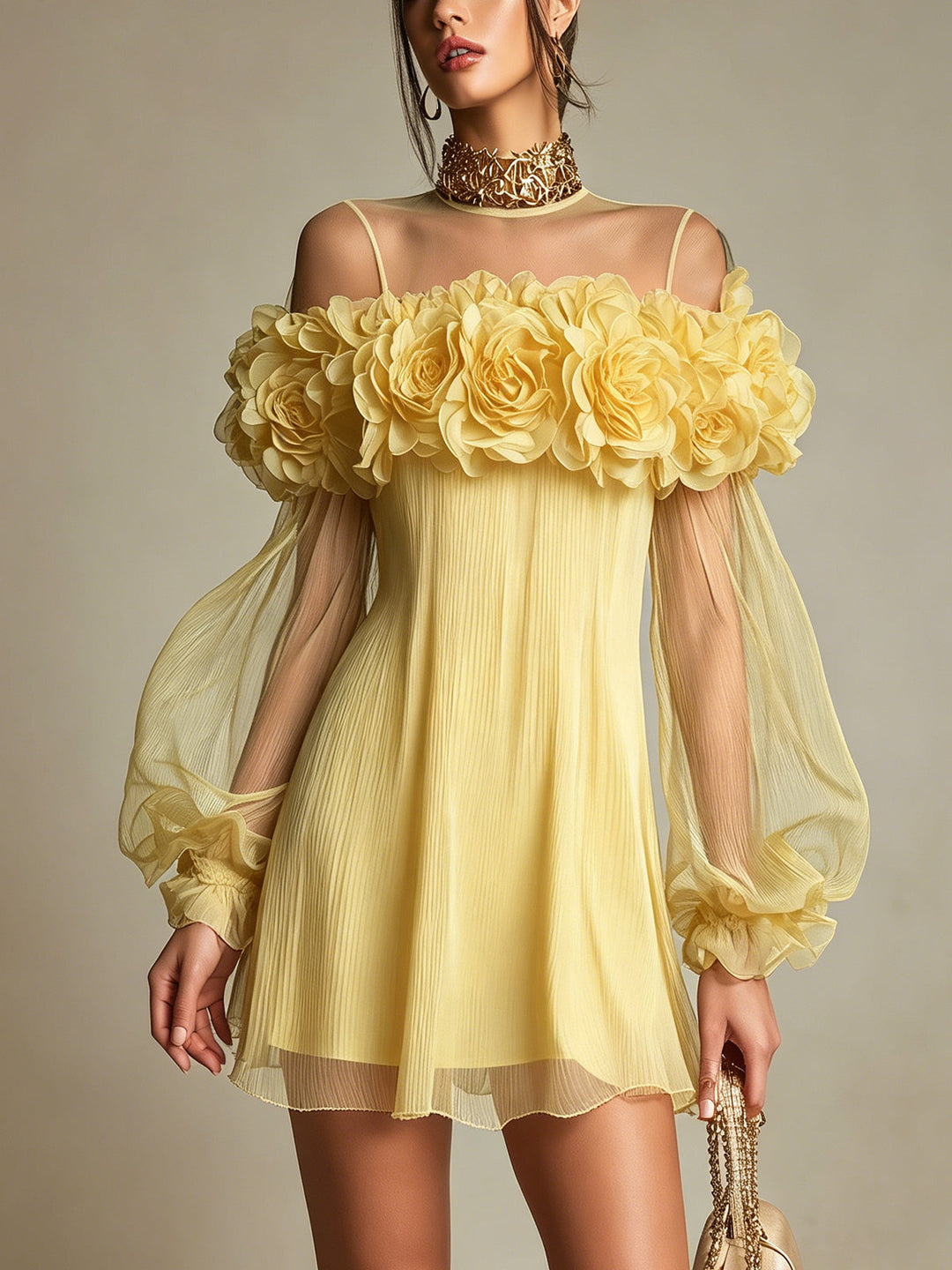 Gelbes 3D-Blumen-Minikleid