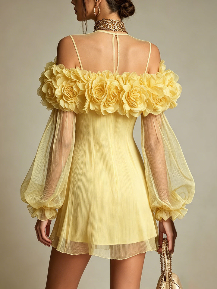 Gelbes 3D-Blumen-Minikleid