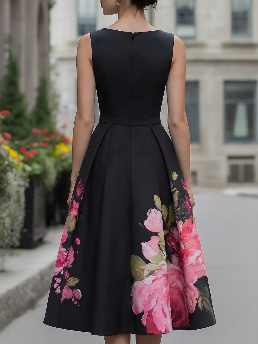 Elegantes ärmelloses Midikleid mit blumenbedrucktem Rock