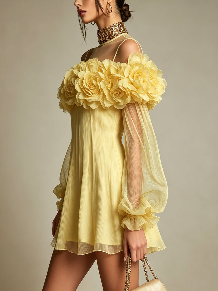 Gelbes 3D-Blumen-Minikleid
