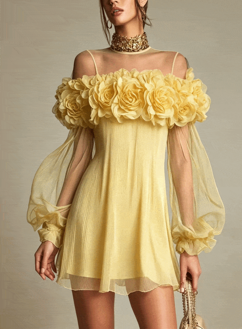 Gelbes 3D-Blumen-Minikleid