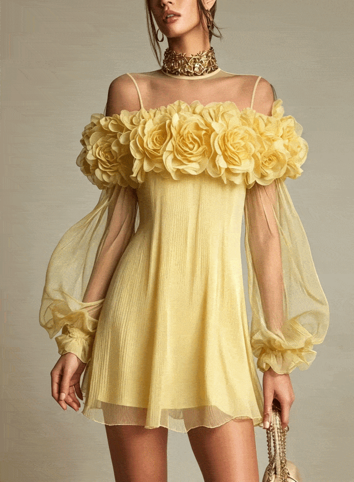 Gelbes 3D-Blumen-Minikleid