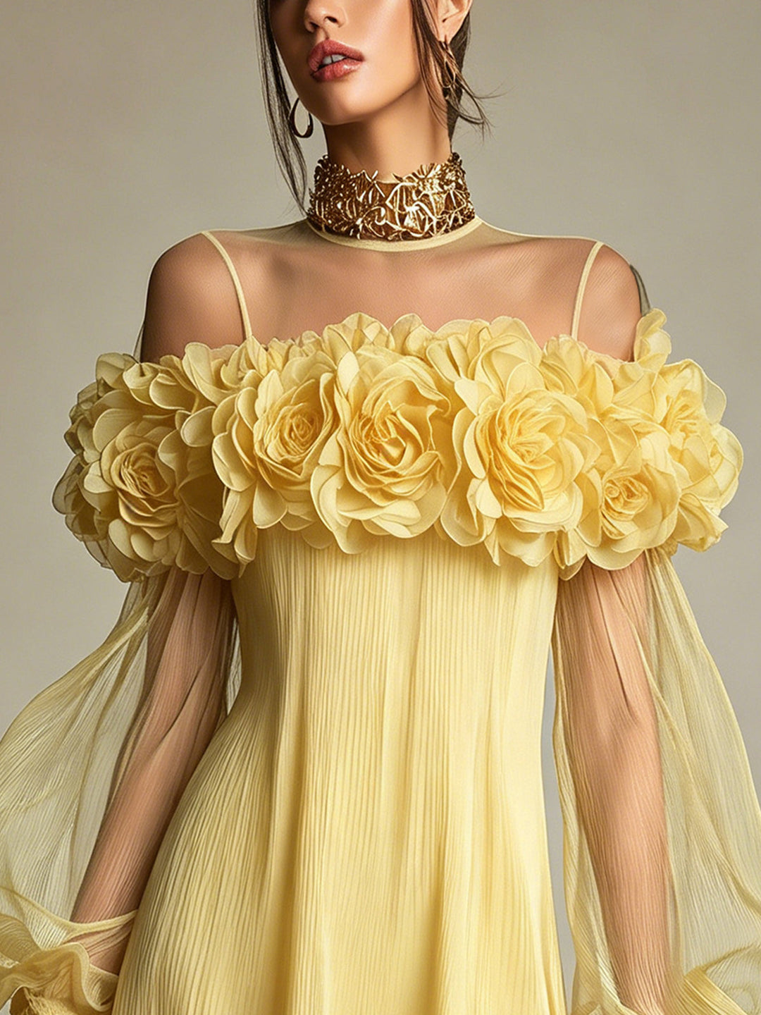 Gelbes 3D-Blumen-Minikleid