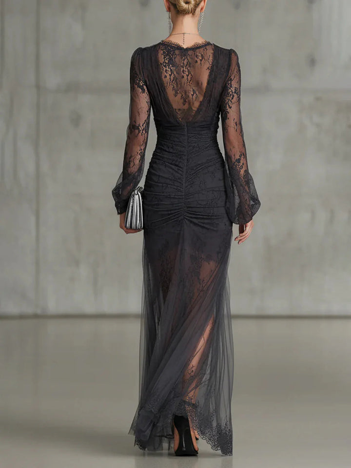 Sofia | Dunkelgraues Spitzen-Rüschen-Maxikleid