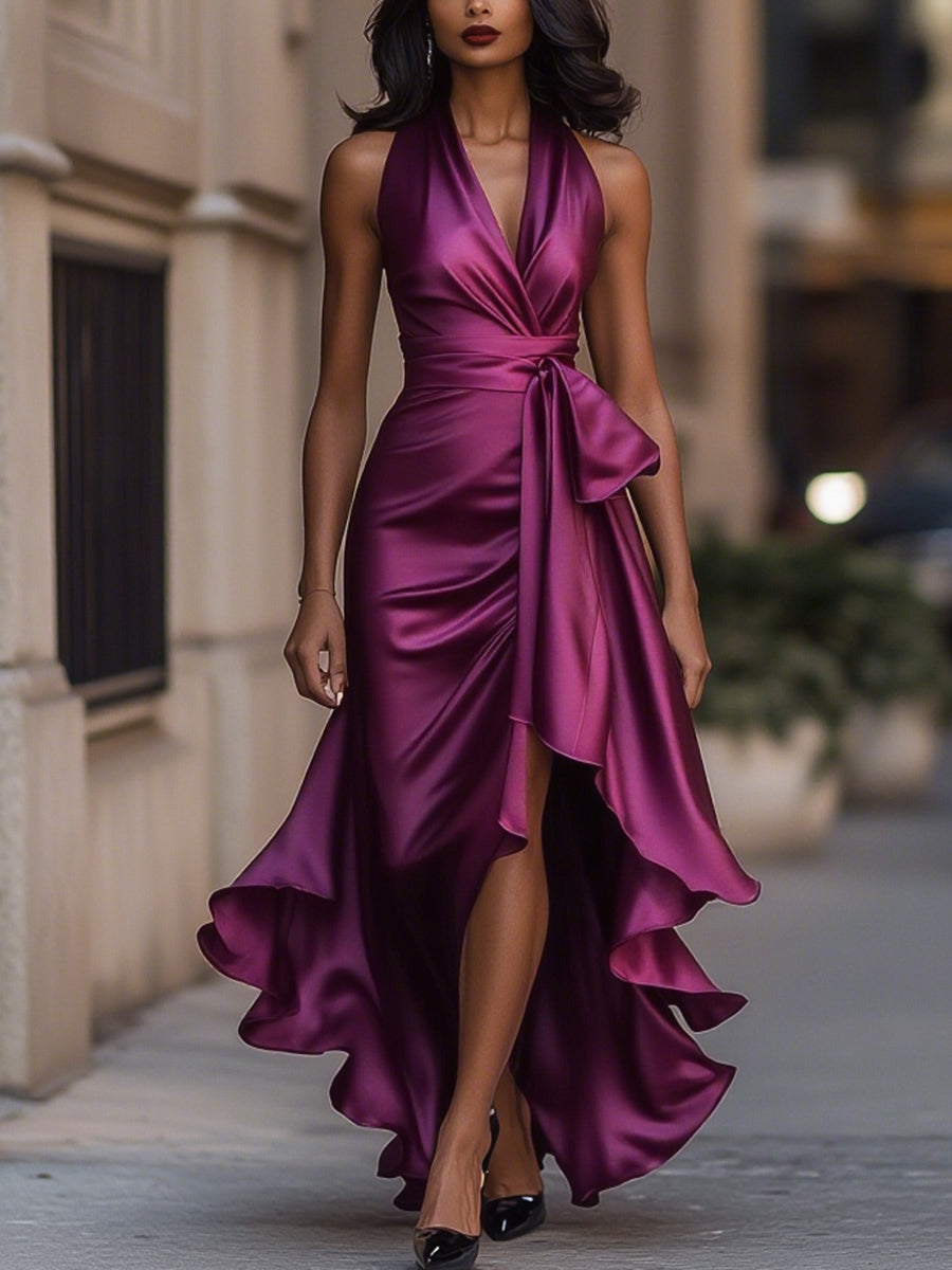 Midnight Elegance Satin-Neckholder-Kleid mit Rüschen