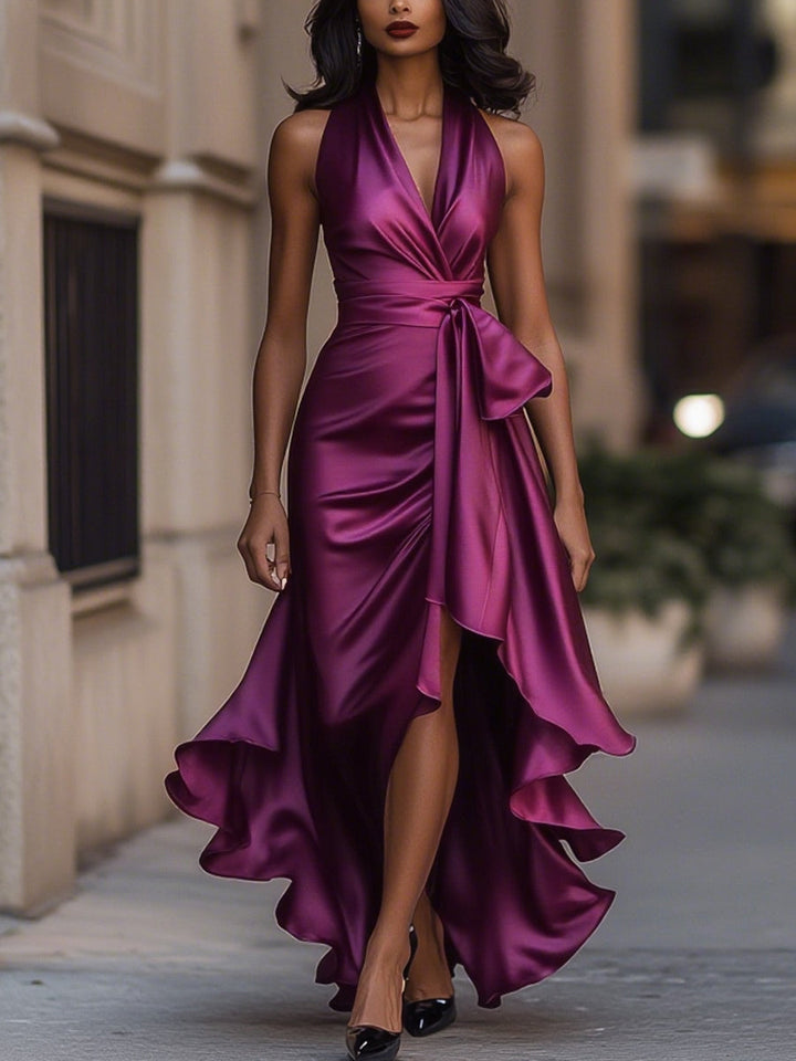 Midnight Elegance Satin-Neckholder-Kleid mit Rüschen