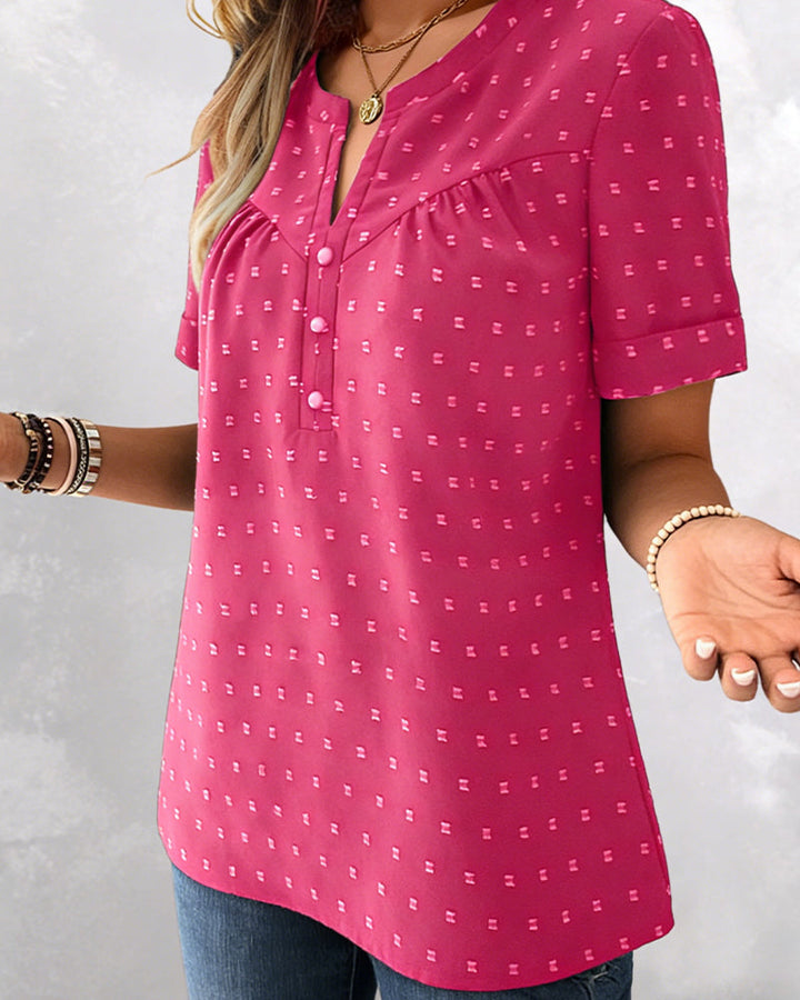Jacquard-Bluse mit V-Ausschnitt, Halbknopfleiste und kurzen Ärmeln