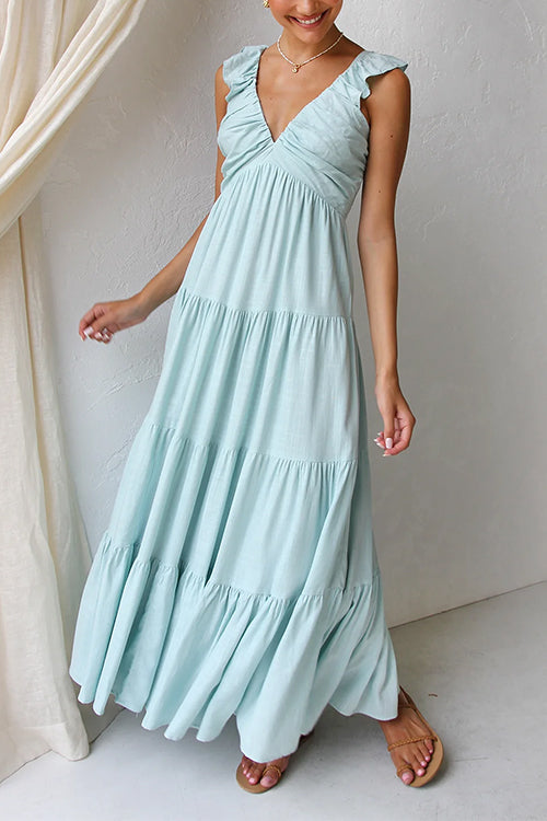 Ärmelloses Maxikleid aus Leinen mit V-Ausschnitt, Rüschenbesatz und Stufenrock