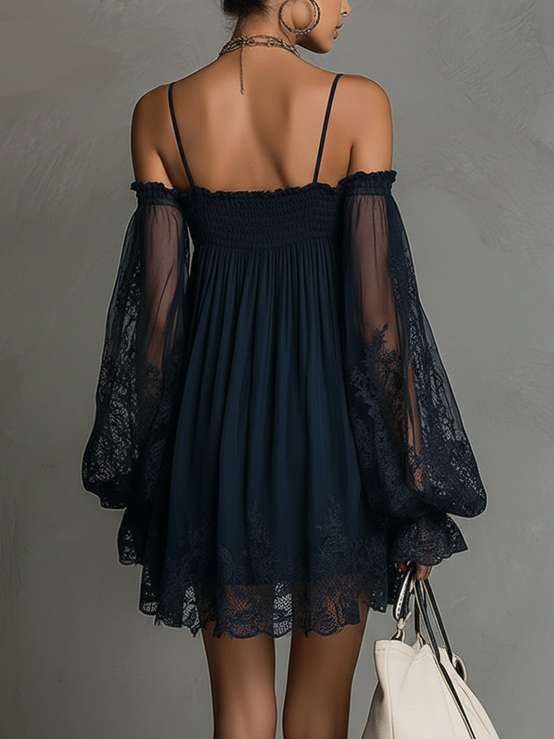 Noemi™ | Marineblaues Minikleid mit offenen Schultern und Spitze