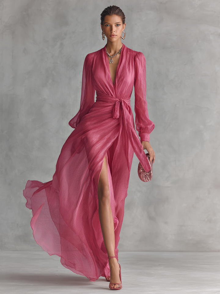 Elegantes langes Kleid aus rosa Chiffon mit Perlen und V-Ausschnitt für Frauen