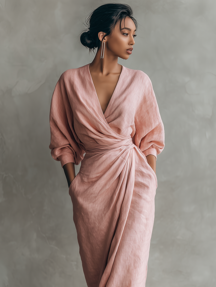 Minimalistisches Maxikleid in Pink mit V-Ausschnitt aus Leinenmischung für die Frau