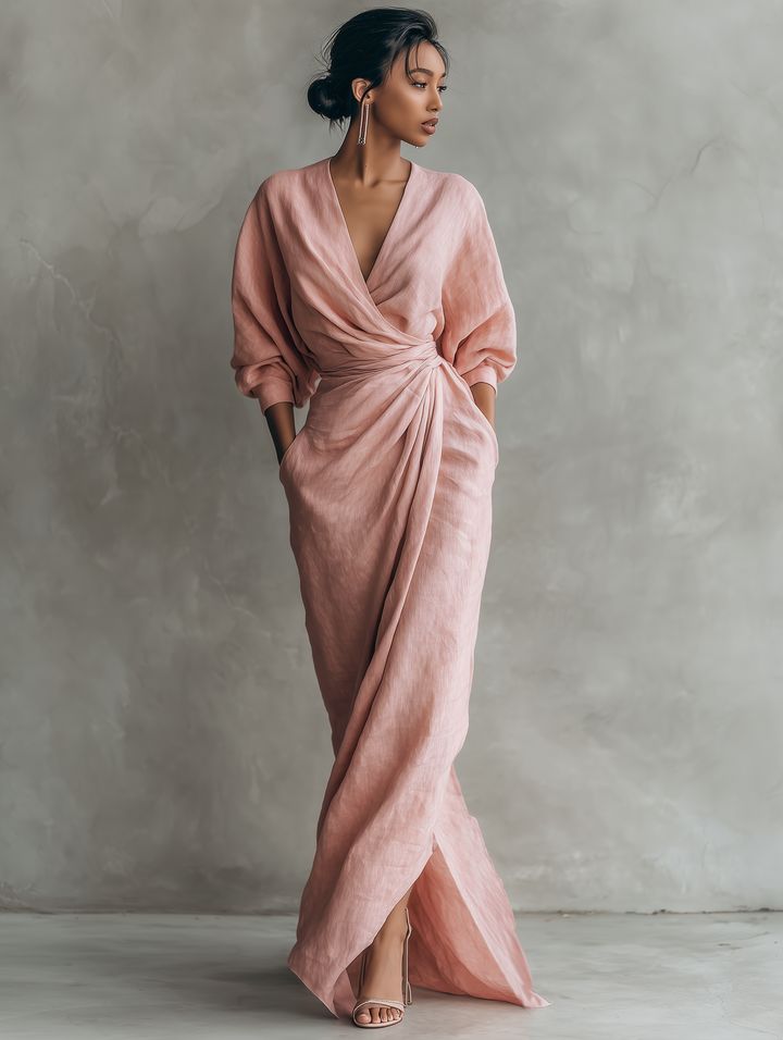 Minimalistisches Maxikleid in Pink mit V-Ausschnitt aus Leinenmischung für die Frau