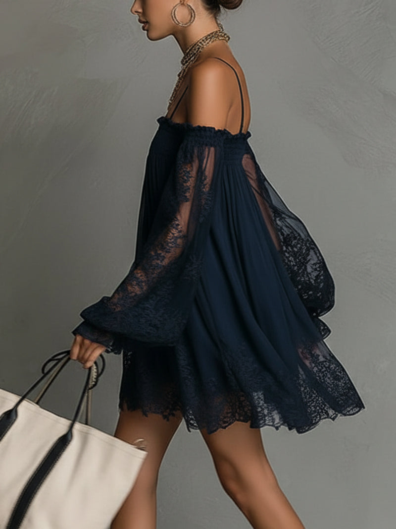 Noemi™ | Marineblaues Minikleid mit offenen Schultern und Spitze
