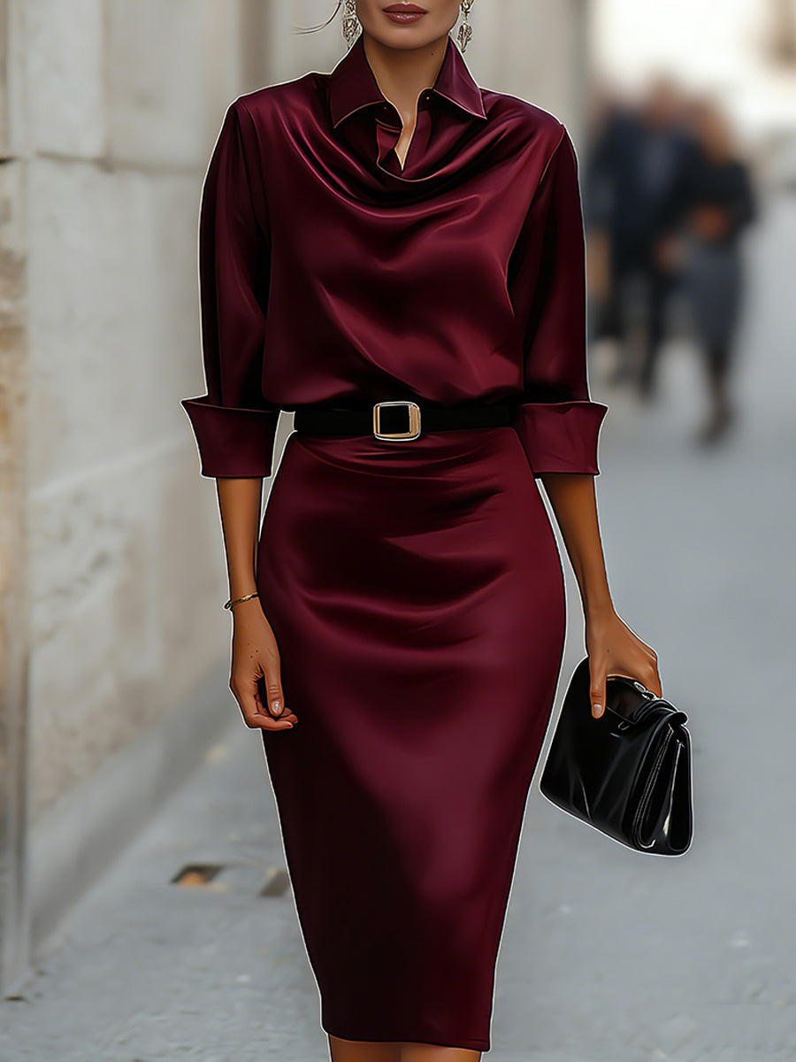 Elegantes Satin-Midikleid mit drapiertem Kragen und schwarzem Gürtel
