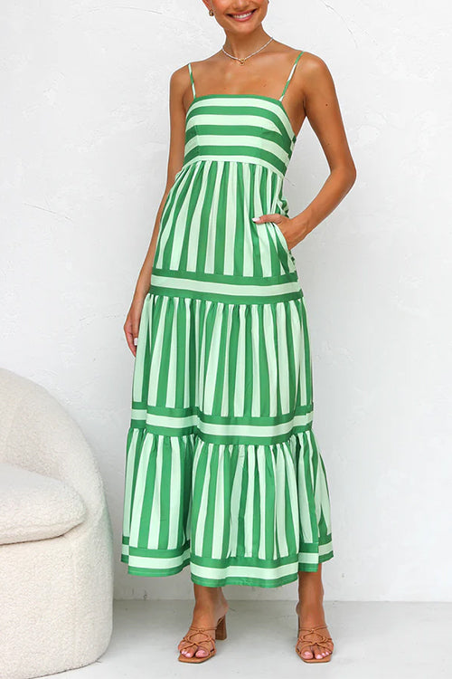 Maxikleid mit Spaghettiträgern, Stufenrock und Color-Block-Streifen