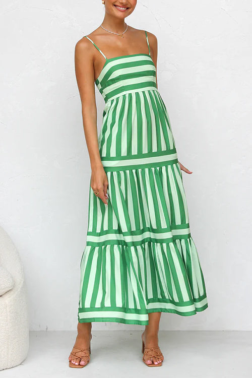 Maxikleid mit Spaghettiträgern, Stufenrock und Color-Block-Streifen