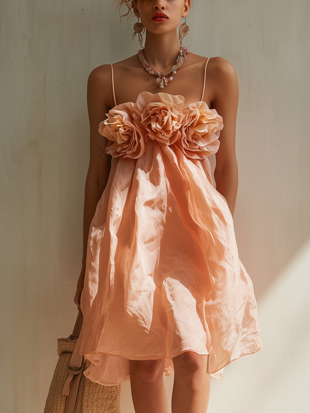 Rosa Minikleid aus Baumwolle mit 3D-Blumen
