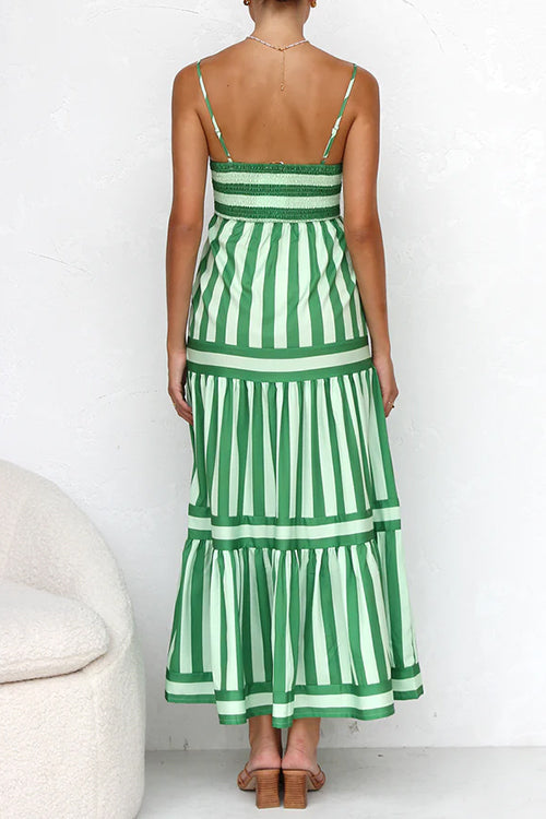Maxikleid mit Spaghettiträgern, Stufenrock und Color-Block-Streifen