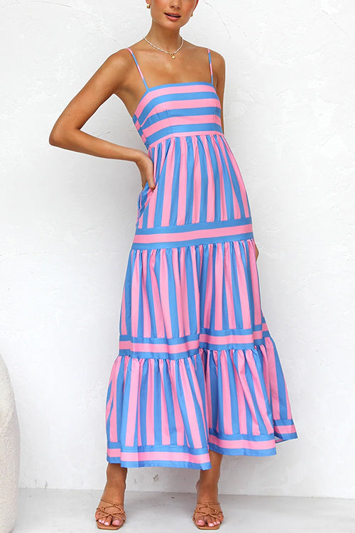 Maxikleid mit Spaghettiträgern, Stufenrock und Color-Block-Streifen