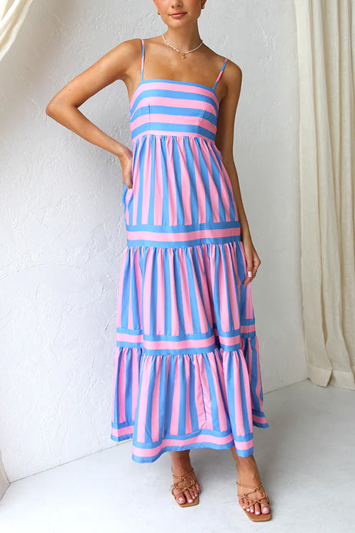 Maxikleid mit Spaghettiträgern, Stufenrock und Color-Block-Streifen