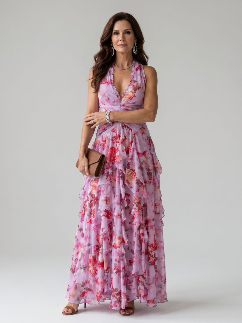 Nori | Neckholder gerüschtes Mieder Florales Maxikleid