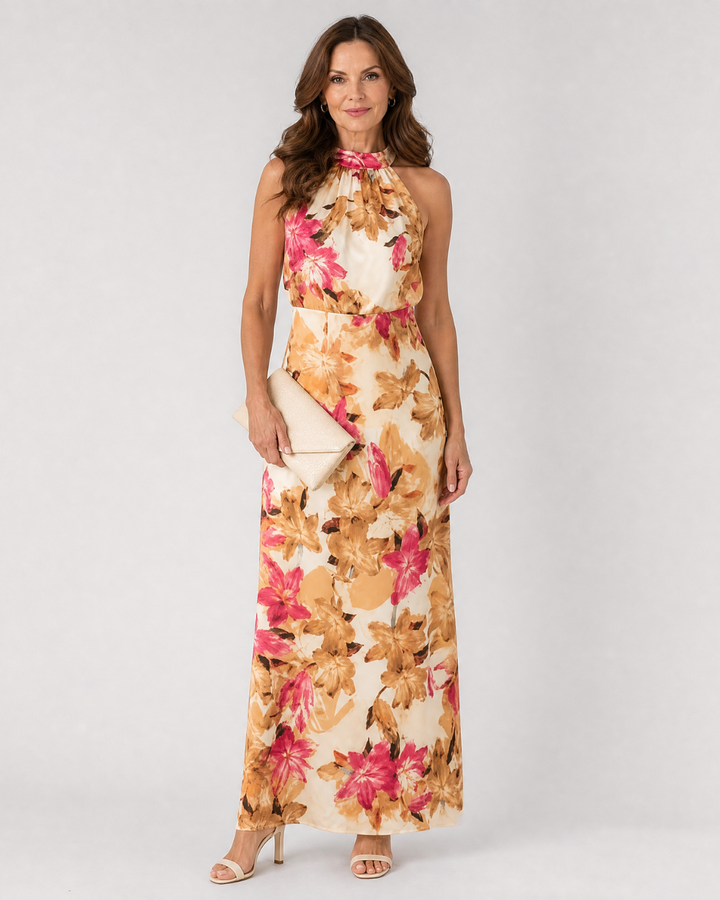 Cekel | Midikleid mit botanischem Print, Neckholder und fliessendem Rock