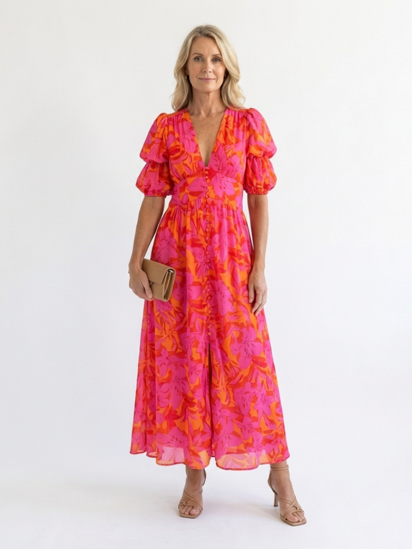 Willow | Floral V-Ausschnitt Puffärmel Midikleid