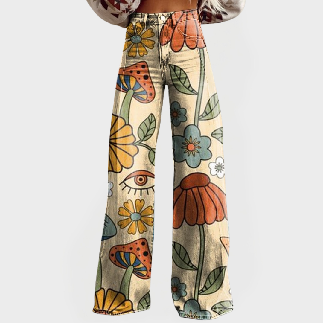 Jeans mit weitem Bein und Retro-Blumenmuster