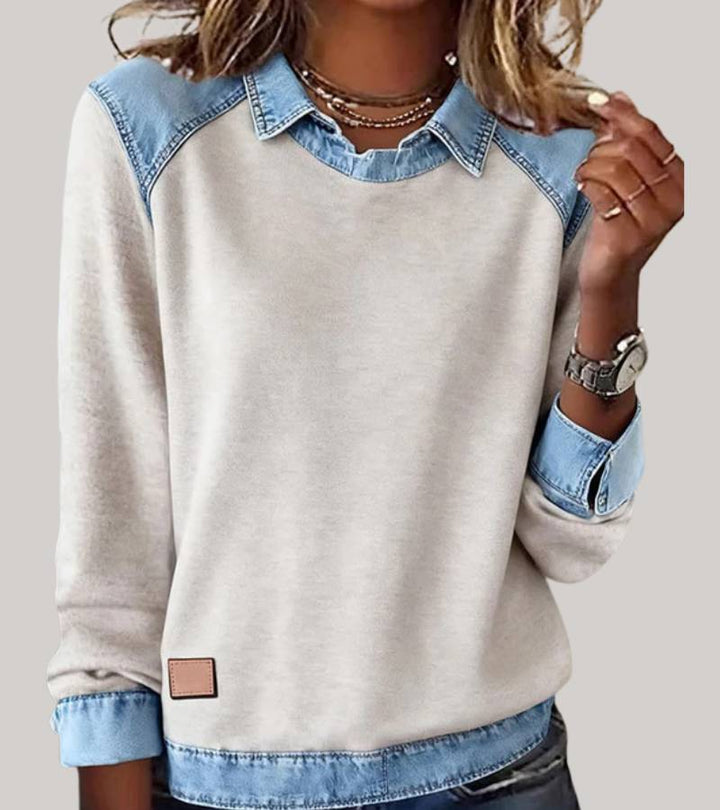 Silvia | Patchwork-Stricktop mit Denim-Details