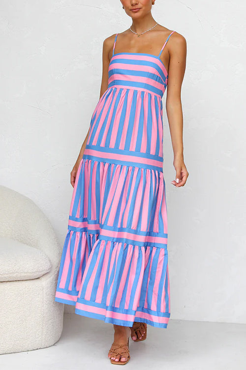 Maxikleid mit Spaghettiträgern, Stufenrock und Color-Block-Streifen