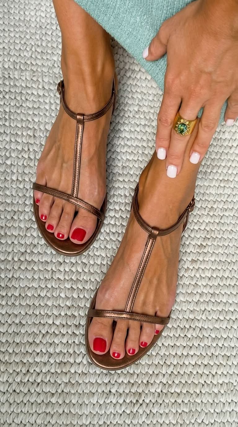 Flache Sandalen in Metallic-Optik mit T-förmigen Riemen