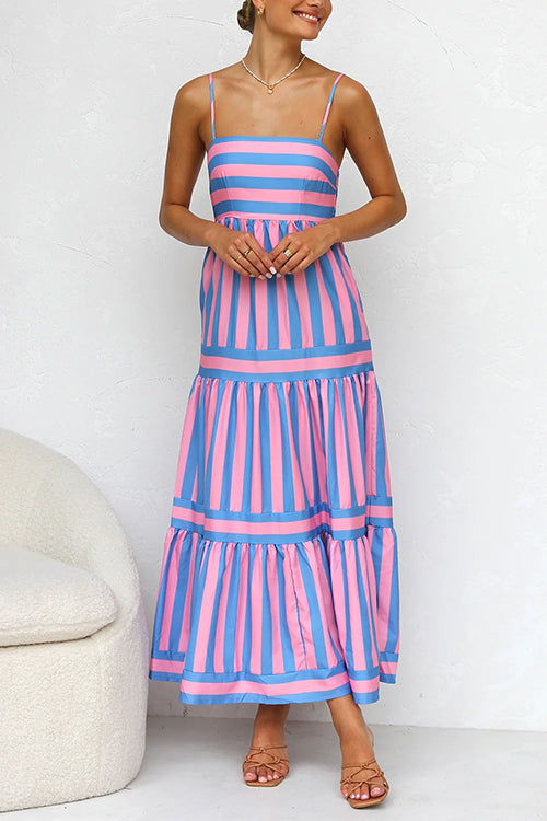 Maxikleid mit Spaghettiträgern, Stufenrock und Color-Block-Streifen