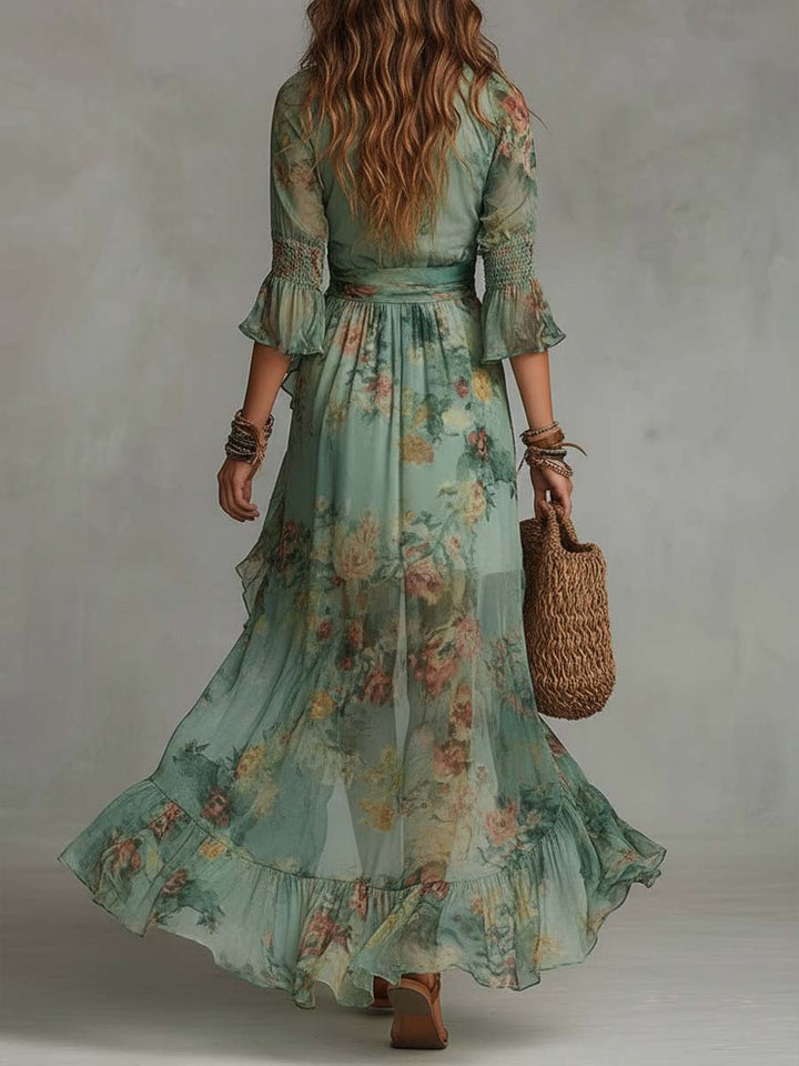 Aurora - langes Boho-Blumenkleid mit romantischem, asymmetrischem Saum