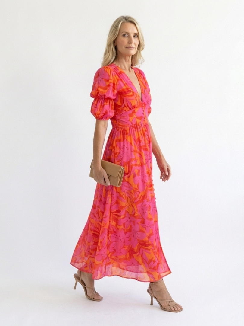 Willow | Floral V-Ausschnitt Puffärmel Midikleid