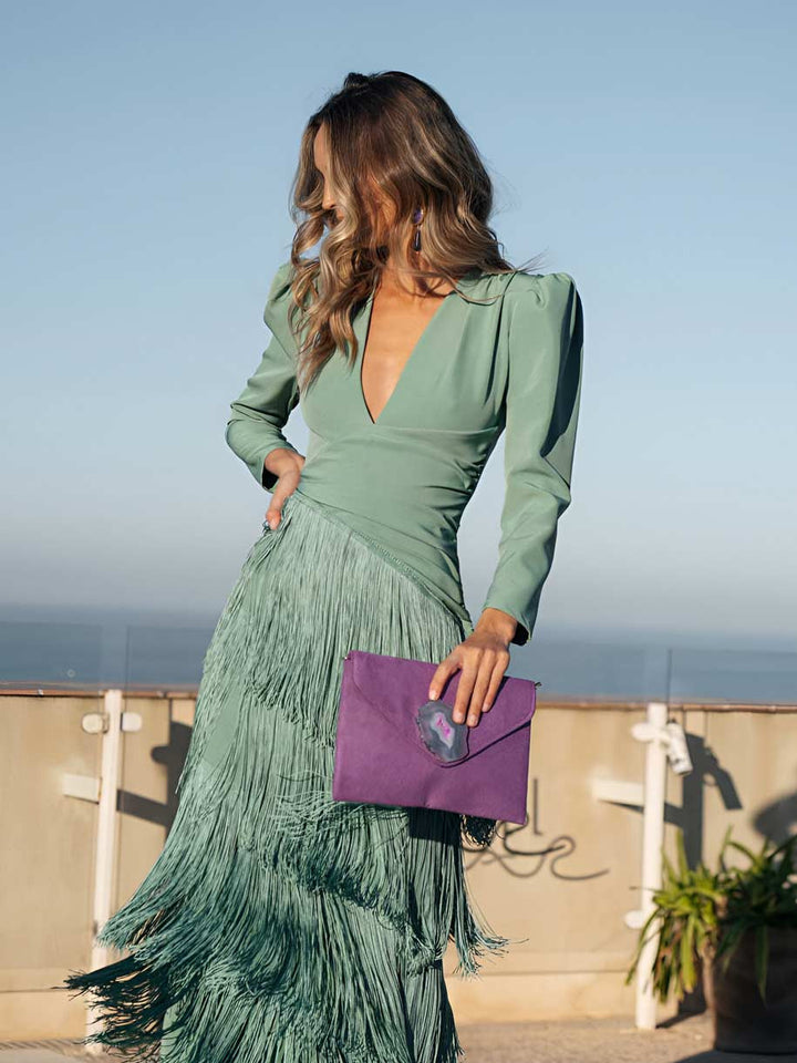 Francesca – Elegantes Kleid mit Fransen in Salbeigrün