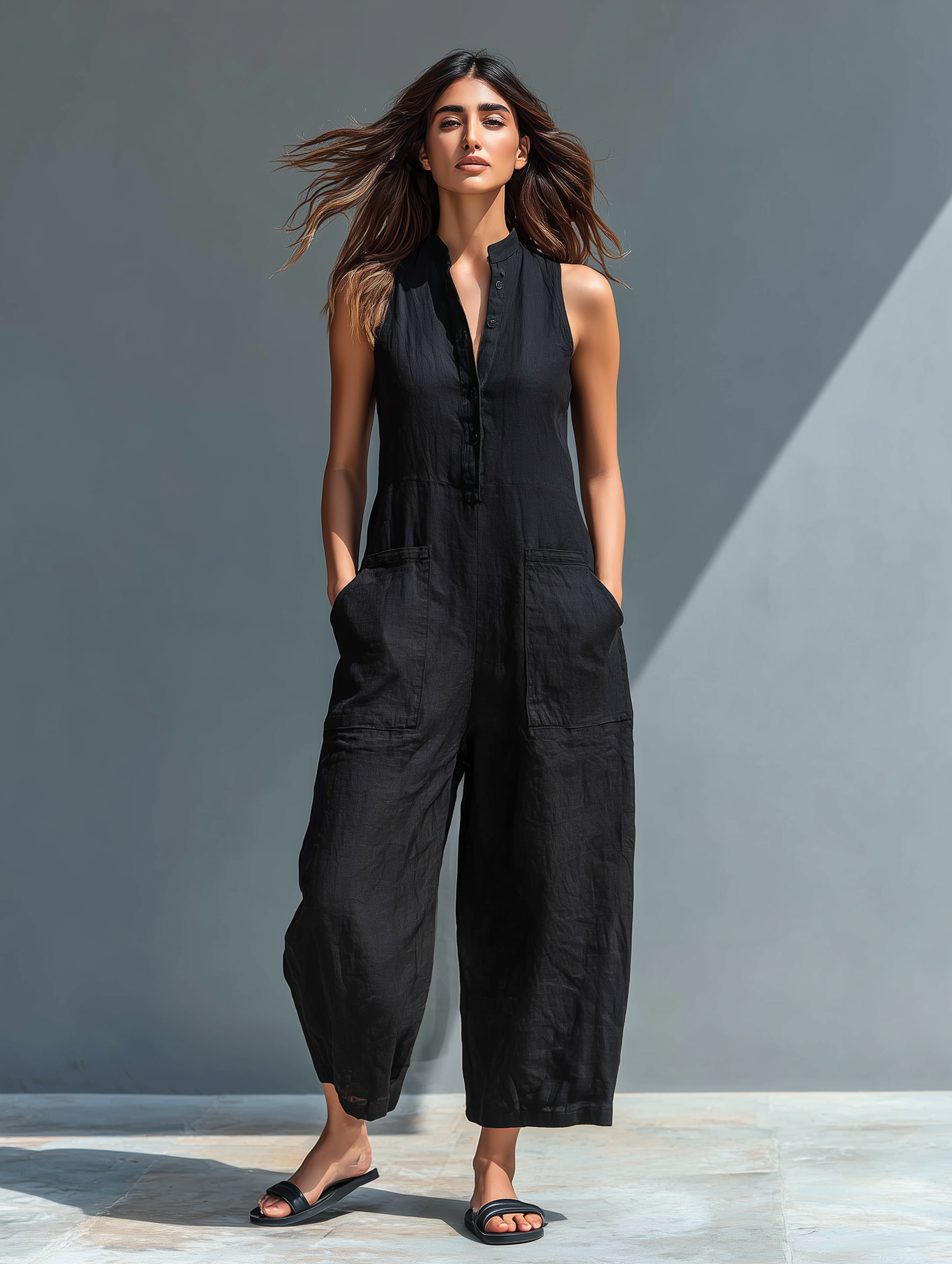 Ärmelloser Jumpsuit für Damen mit hohem Kragen und Knöpfen