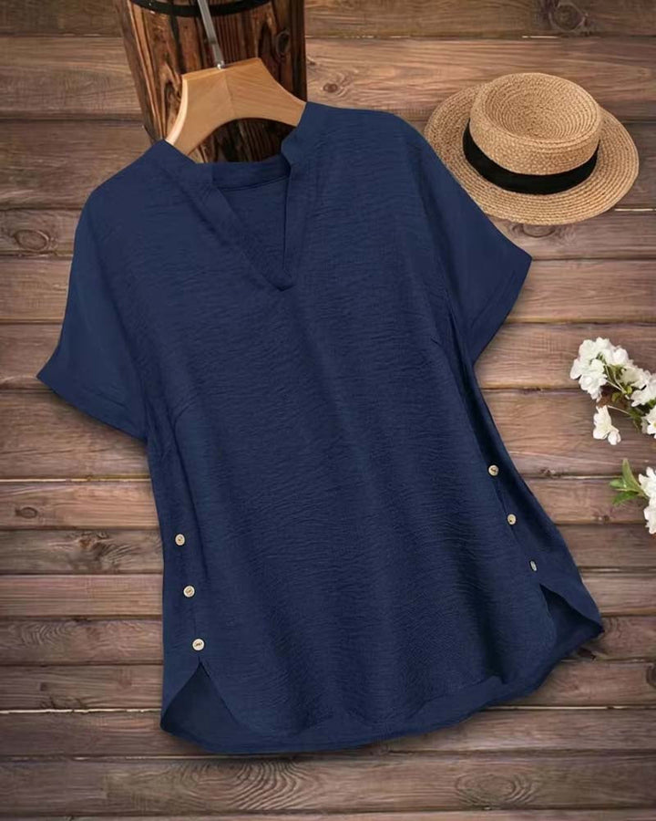 Unifarbene Bluse mit Seitenschlitz und kurzen Ärmeln