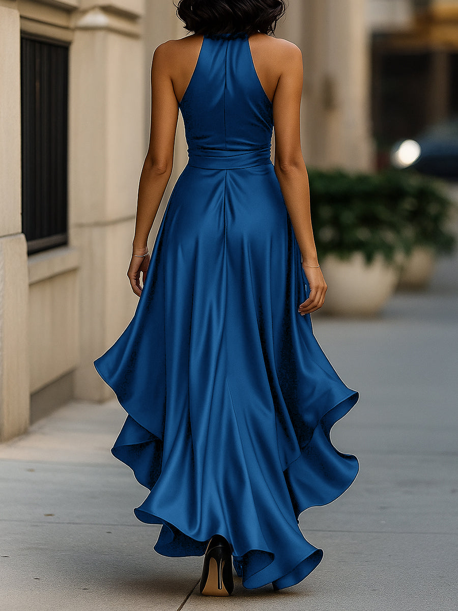Midnight Elegance Satin-Neckholder-Kleid mit Rüschen