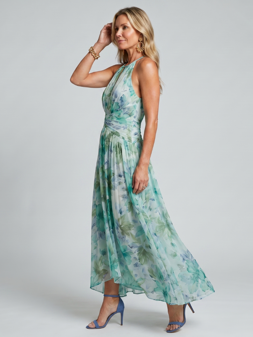 Portia | Plissierter Träger Weiches Blumenmuster Midikleid