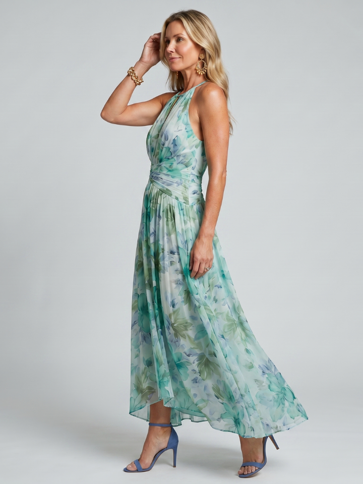 Portia | Plissierter Träger Weiches Blumenmuster Midikleid