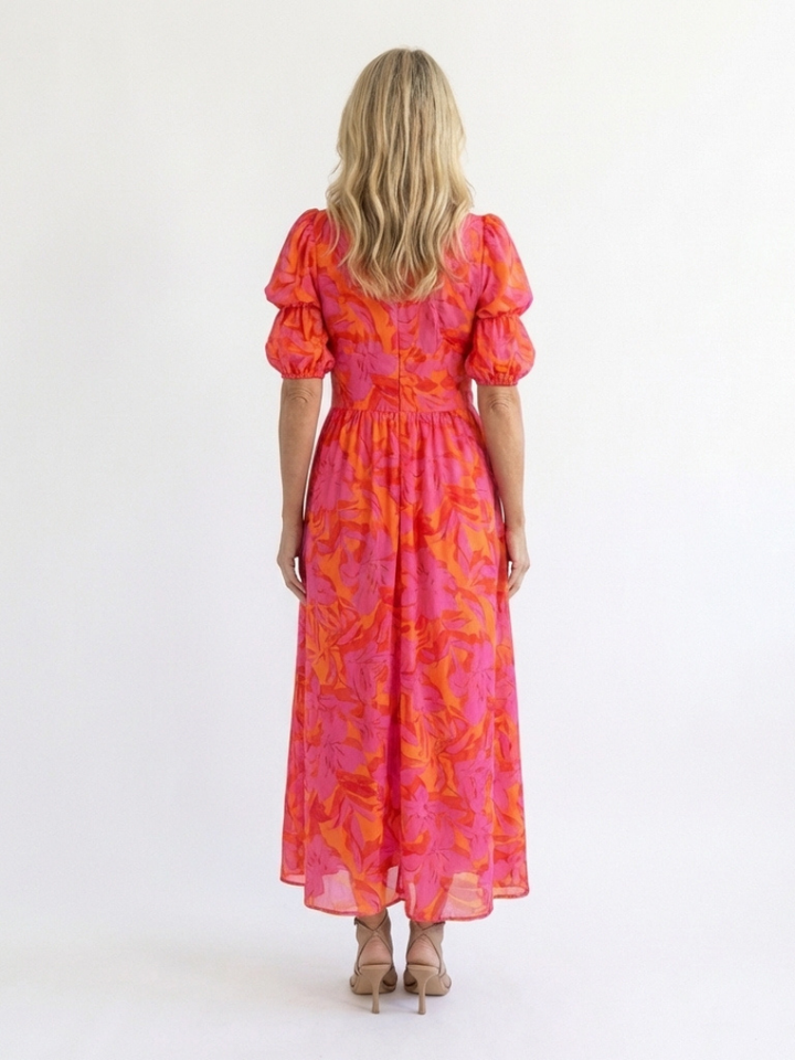 Willow | Floral V-Ausschnitt Puffärmel Midikleid