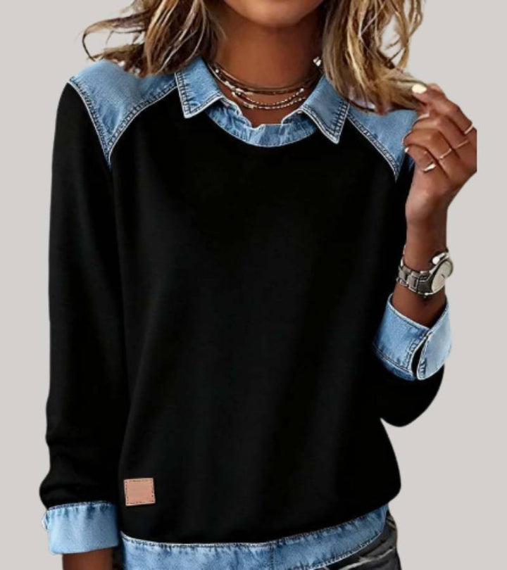 Silvia | Patchwork-Stricktop mit Denim-Details