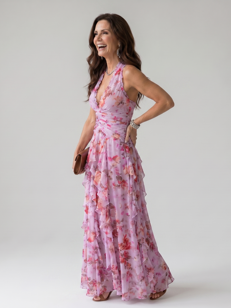 Nori | Neckholder gerüschtes Mieder Florales Maxikleid