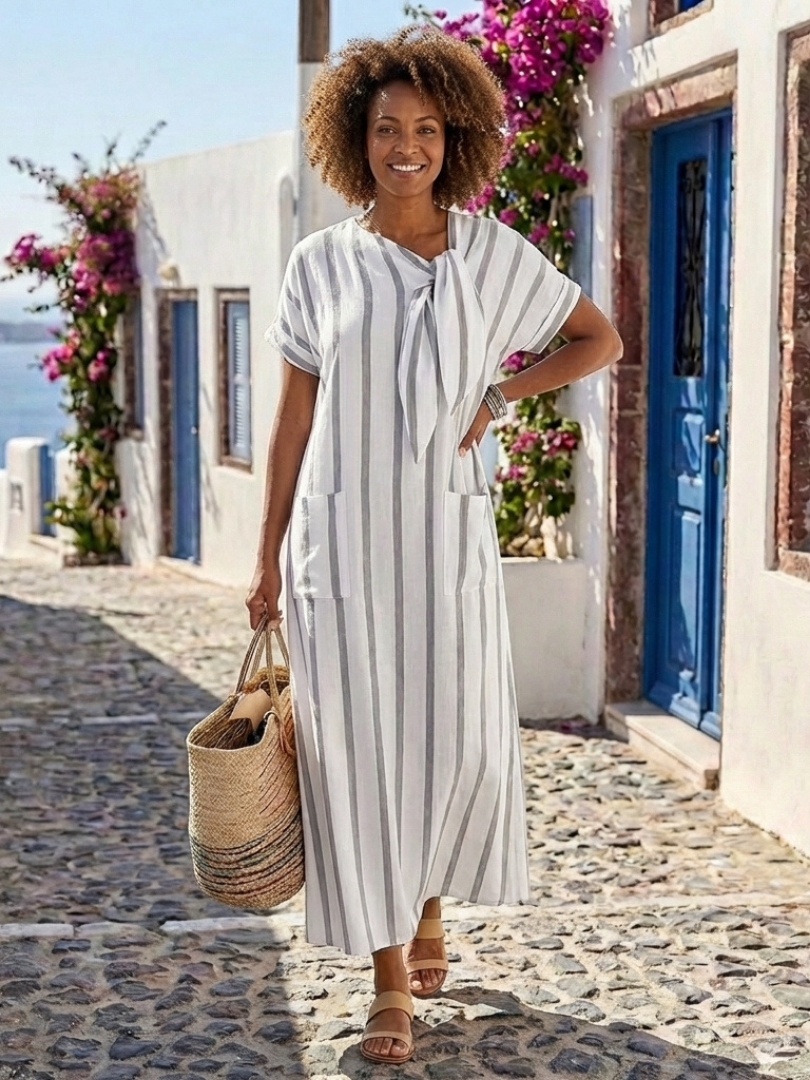 Elaris | Kurzärmeliges Gestreiftes Midikleid mit Krawattenausschnitt