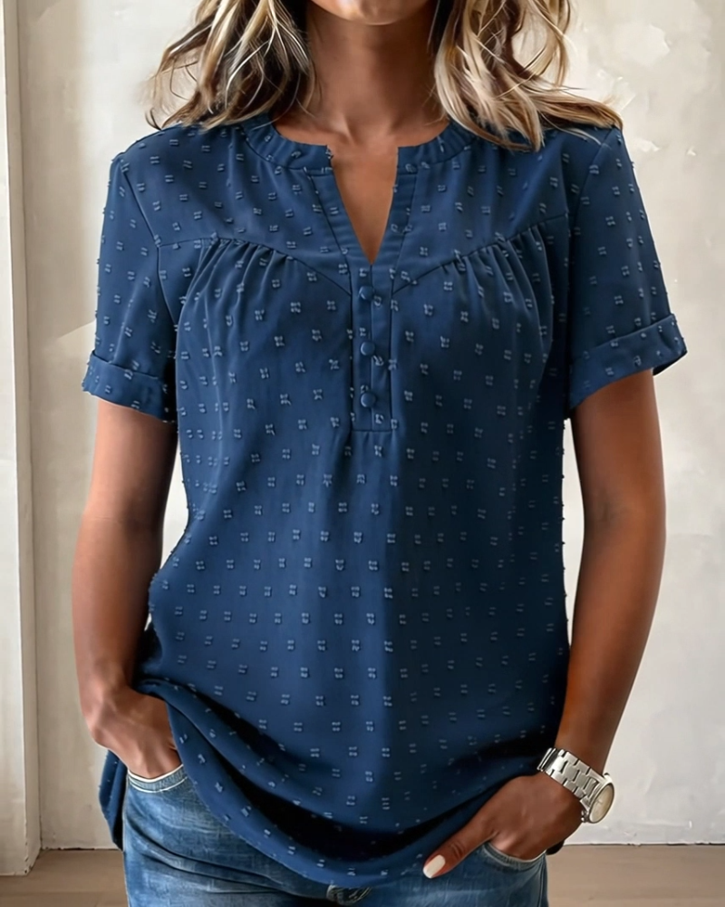 Jacquard-Bluse mit V-Ausschnitt, Halbknopfleiste und kurzen Ärmeln