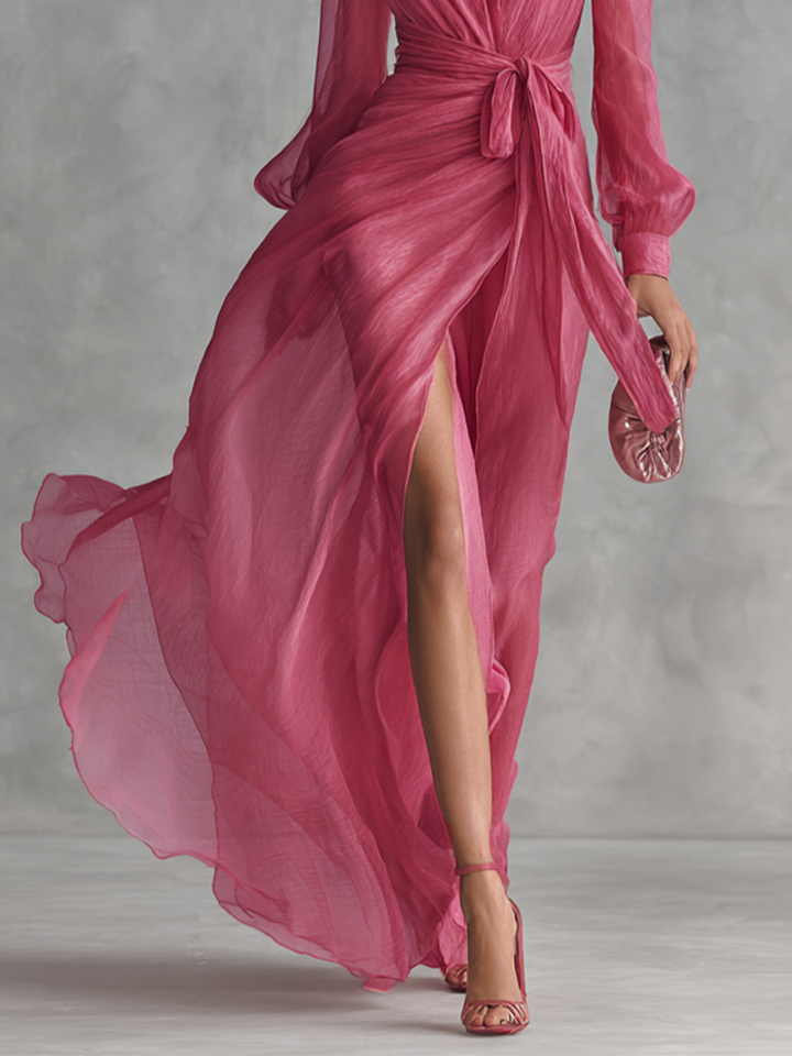 Elegantes langes Kleid aus rosa Chiffon mit Perlen und V-Ausschnitt für Frauen