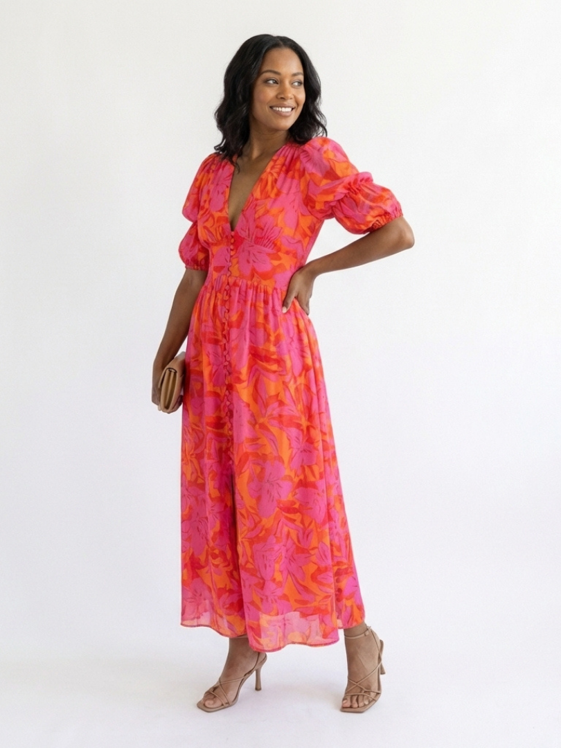 Willow | Floral V-Ausschnitt Puffärmel Midikleid