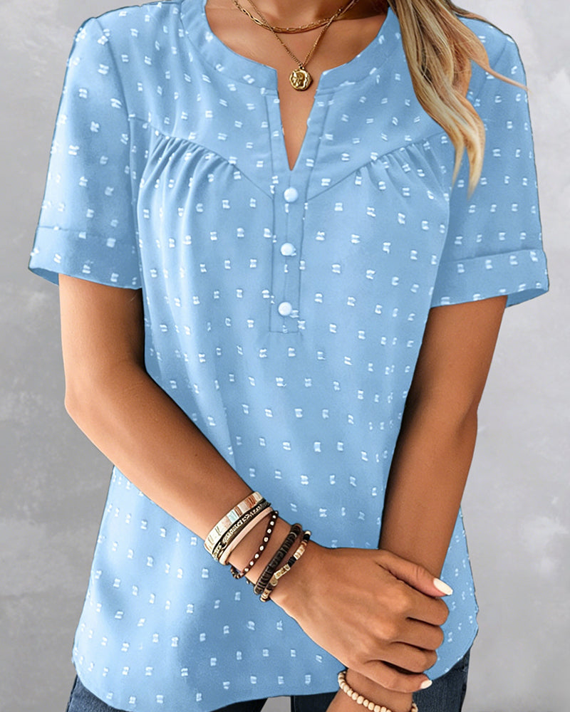 Jacquard-Bluse mit V-Ausschnitt, Halbknopfleiste und kurzen Ärmeln